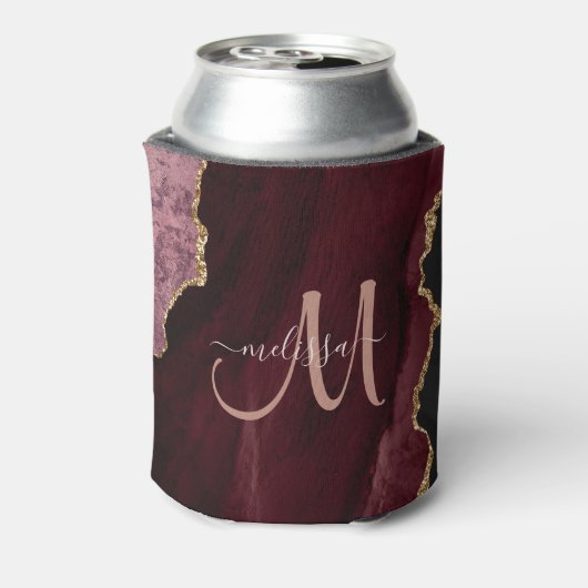 Chic Burgundy Gold Glitter Agate Custom Monogram Blikjeskoeler (Blikje Achterkant)