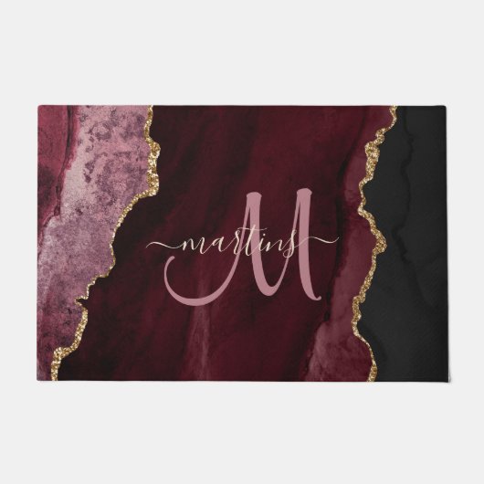 Chic Burgundy Gold Glitter Agate Custom Monogram Deurmat (Voorkant)