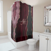 Chic Burgundy Gold Glitter Agate Custom Monogram Douchegordijn (In situ)