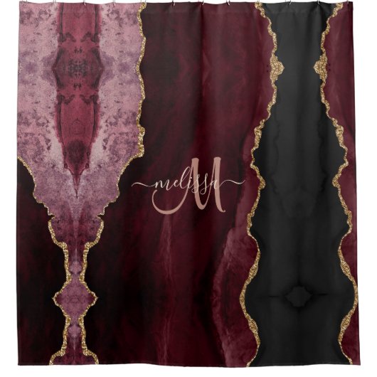 Chic Burgundy Gold Glitter Agate Custom Monogram Douchegordijn (Voorkant)