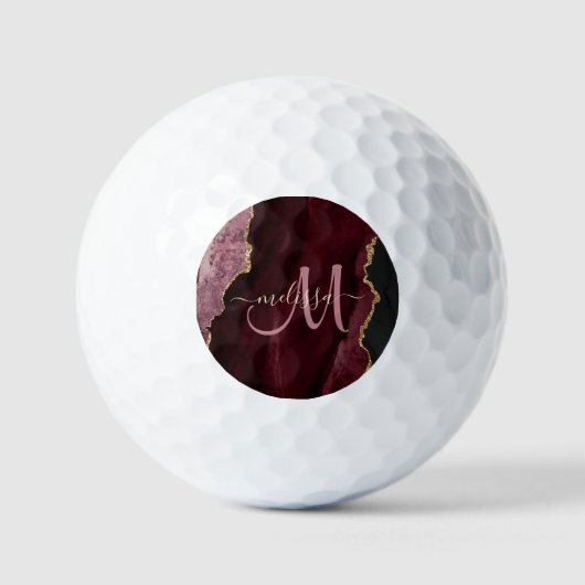 Chic Burgundy Gold Glitter Agate Custom Monogram Golfballen (Voorkant)