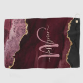 Chic Burgundy Gold Glitter Agate Custom Monogram Golfhanddoek (Horizontaal)