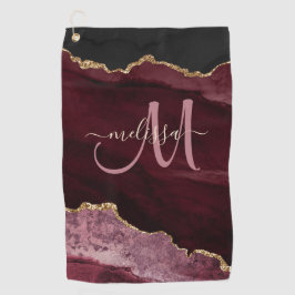 Chic Burgundy Gold Glitter Agate Custom Monogram Golfhanddoek