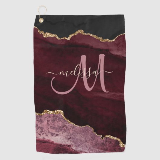 Chic Burgundy Gold Glitter Agate Custom Monogram Golfhanddoek (Voorkant)