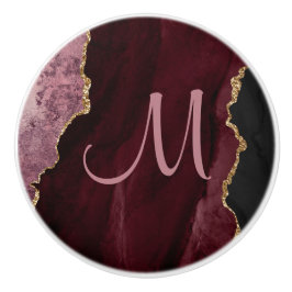 Chic Burgundy Gold Glitter Agate Custom Monogram Keramische Knop
