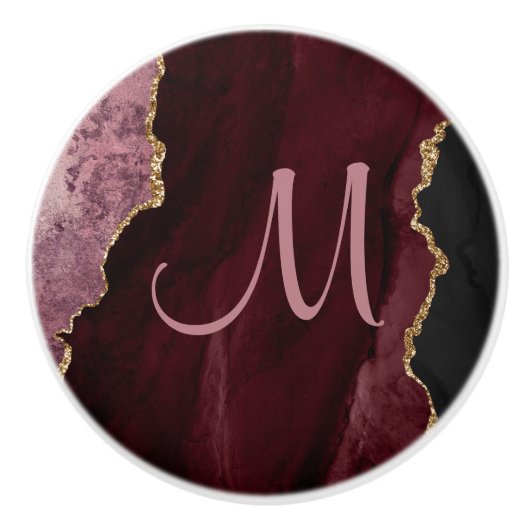Chic Burgundy Gold Glitter Agate Custom Monogram Keramische Knop (Voorkant)