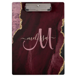 Chic Burgundy Gold Glitter Agate Custom Monogram Klembord
