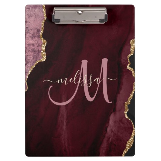 Chic Burgundy Gold Glitter Agate Custom Monogram Klembord (Voorkant)