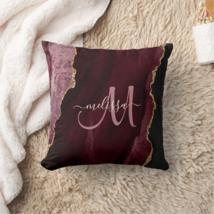 Chic Burgundy Gold Glitter Agate Custom Monogram Kussen