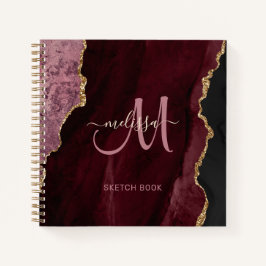 Chic Burgundy Gold Glitter Agate Custom Monogram Notitieboek