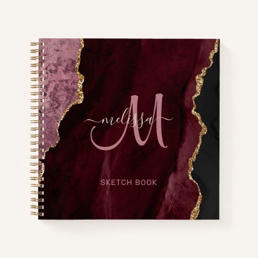 Chic Burgundy Gold Glitter Agate Custom Monogram Notitieboek (Voorkant)