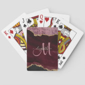 Chic Burgundy Gold Glitter Agate Custom Monogram Pokerkaarten (Achterkant)