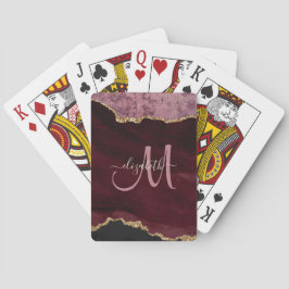 Chic Burgundy Gold Glitter Agate Custom Monogram Pokerkaarten