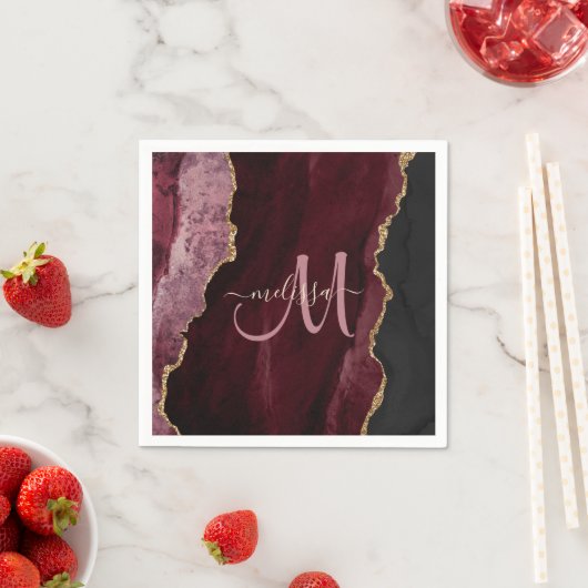 Chic Burgundy Gold Glitter Agate Custom Monogram Servet (Insitu)