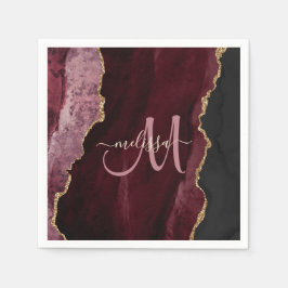 Chic Burgundy Gold Glitter Agate Custom Monogram Servet