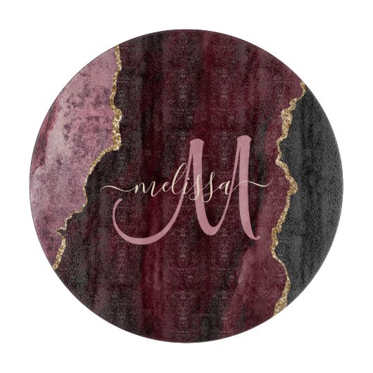 Chic Burgundy Gold Glitter Agate Custom Monogram Snijplank (Voorkant)