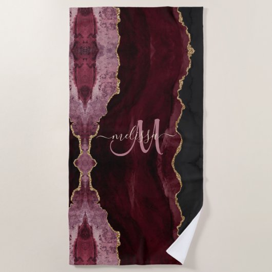 Chic Burgundy Gold Glitter Agate Custom Monogram Strandlaken (Voorkant)