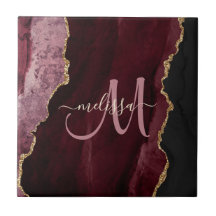 Chic Burgundy Gold Glitter Agate Custom Monogram