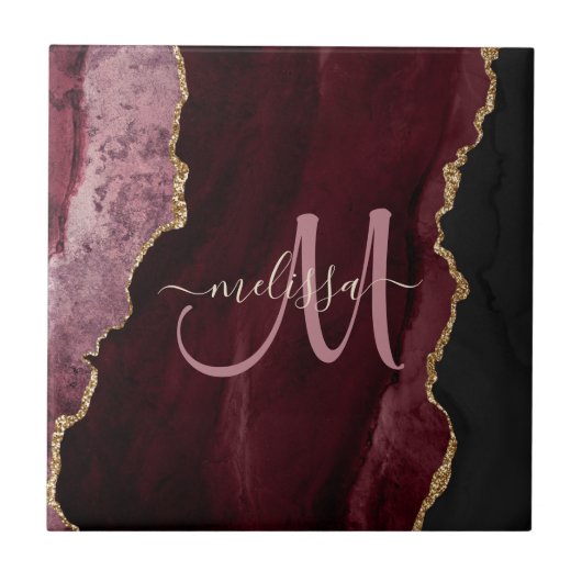 Chic Burgundy Gold Glitter Agate Custom Monogram Tegeltje (Voorkant)