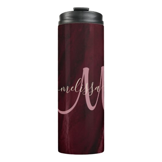 Chic Burgundy Gold Glitter Agate Custom Monogram Thermosbeker (Voorkant)