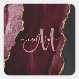 Chic Burgundy Gold Glitter Agate Custom Monogram Vierkante Sticker