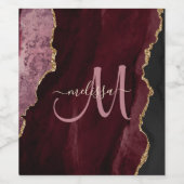 Chic Burgundy Gold Glitter Agate Custom Monogram Wijn Etiket (Enkel label)