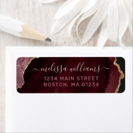 Chic Burgundy Gold Glitter Agate Monogram Adres Etiket