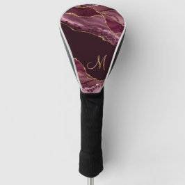 Chic Burgundy Gold Glitter Agate Monogram Golfheadcover