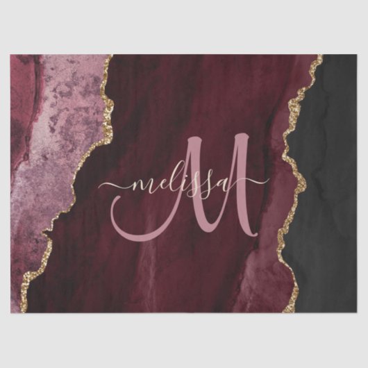 Chic Burgundy Gold Glitter Agate Monogram Tissuepapier (Voorkant)