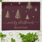 Chic Burgundy gold glitter merry christmas trees Theedoek (Gevouwen)