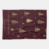 Chic Burgundy gold glitter merry christmas trees Theedoek (Horizontaal)