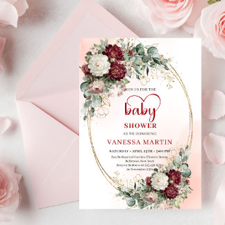 Chic Burgundy Gold Heart-Shaped Font Baby Shower  Kaart