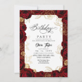Chic Burgundy Gold Rose Birthday Invitation Kaart (Voorkant)
