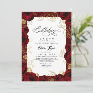 Chic Burgundy Gold Rose Birthday Invitation Kaart