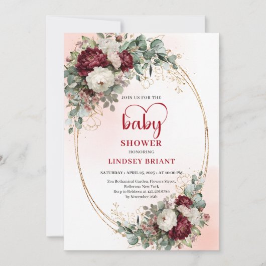 Chic Burgundy Gold Script Baby Shower Invitation Kaart (Voorkant)