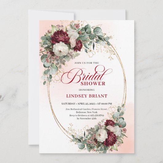 Chic Burgundy Gold Script Bridal Shower Invite Kaart (Voorkant)