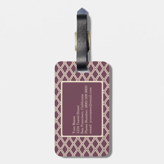 Chic Burgundy Ivory Diamond Pattern Monogram Bagagelabel (Achterkant verticaal)