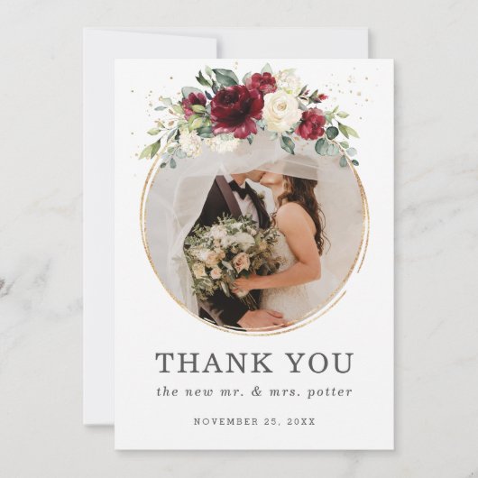 Chic Burgundy Ivory Floral Wedding Photo Wedding Bedankkaart (Voorkant)