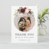 Chic Burgundy Ivory Floral Wedding Photo Wedding Bedankkaart (Staand voorkant)