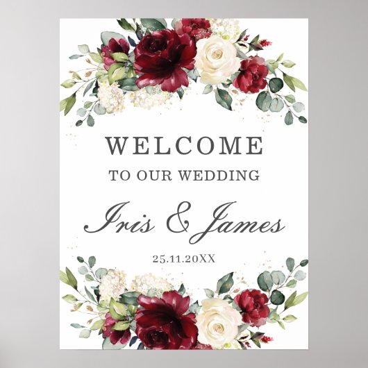 Chic Burgundy Ivory Floral Wedding Welcome Sign Poster (Voorkant)