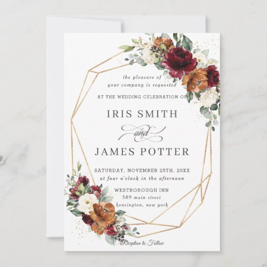 Chic Burgundy Ivory Rust Floral Wedding Geometric Kaart (Voorkant)