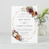 Chic Burgundy Ivory Rust Floral Wedding Geometric Kaart (Staand voorkant)