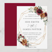 Chic Burgundy Ivory Rust Floral Wedding Geometric Kaart (Voorkant / Achterkant)