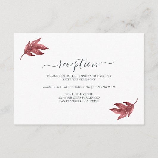 Chic Burgundy Leaf Minimal Wedding Reception Informatiekaartje (Voorkant)