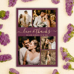 Chic Burgundy Love and Bedankt Weddenschap Bedankt Briefkaart<br><div class="desc">Elegant, minimalistisch Bourgogne en Gold Script Wedding 5 Foto Collage Dank u Briefkaart. Moderne bruiloft bedankt je sjabloon met vijf (5) foto op de voorkant en één (1) foto op de achterkant. Met de tekst "Liefde en bedankt" in een handgeschreven lettertype met lettertype typografie in goud op de achtergrondkleur van...</div>
