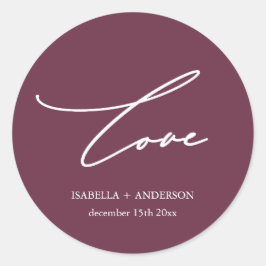 Chic Burgundy Love Script met Name Wedding Ronde Sticker