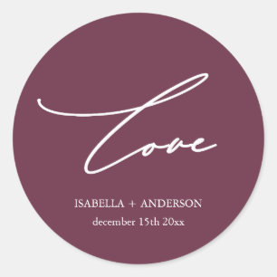Chic Burgundy Love Script met Name Wedding Ronde Sticker