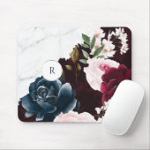 Chic Burgundy & Marble Waterverf Floral Monogram Muismat (Met muis)