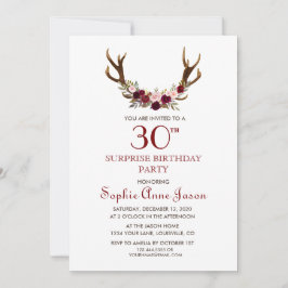 Chic Burgundy Marsala Floral Antlers 50th Birthday Kaart