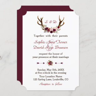 Chic Burgundy Marsala Floral Antlers bruiloft Kaart